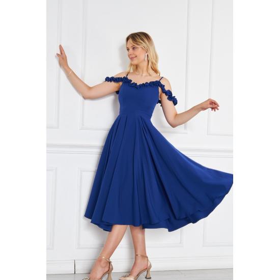 Women's Adjustable Strap Ruffle Detailed Collar Pleated Flared Midi Evening Dress