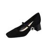 3337-60 One-word with Square Head Thick Heel Mary Jane Single Shoes Niche New Metal Buckle with Middle Heel Shoes Commuter Shoes
