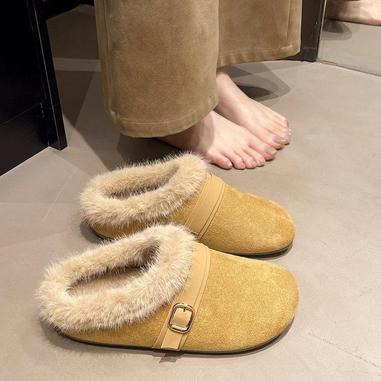 Birkenstock fluffy slippers wear new autumn and winter velvet warm bag head half slippers