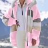 Women's Fashionable Warm Fleece Solid Color Patchwork Hoodie Zipper Pocket Casual Jacket
