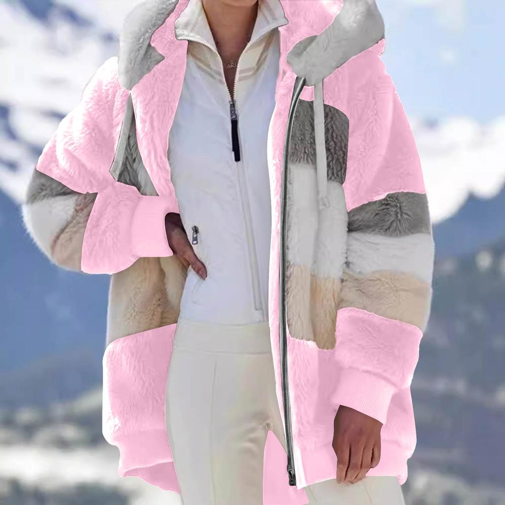 Women's Fashionable Warm Fleece Solid Color Patchwork Hoodie Zipper Pocket Casual Jacket