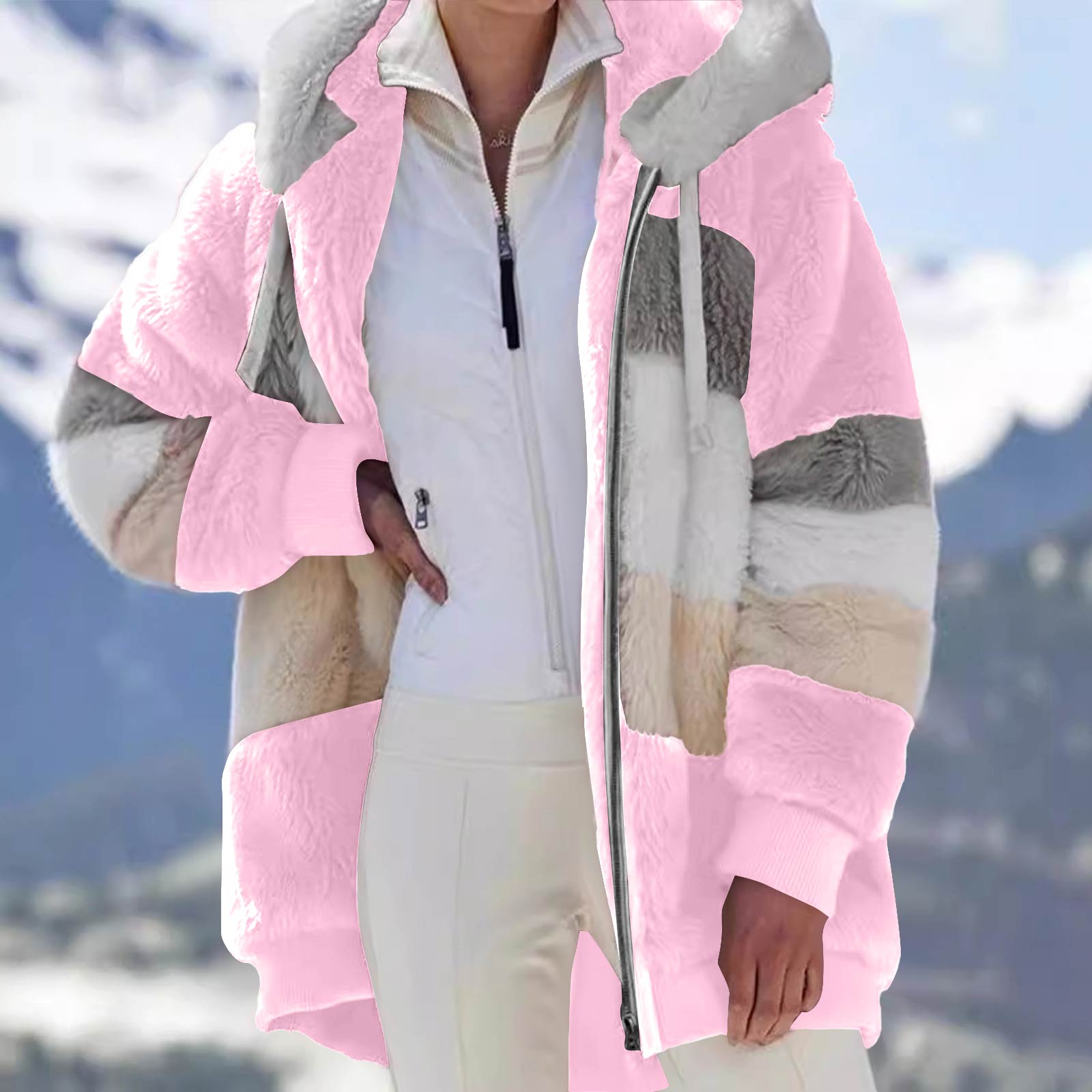 

Женская модная теплая флисовая однотонная толстовка с капюшоном, пэчворк, карман на молнии, повседневная куртка S розовый