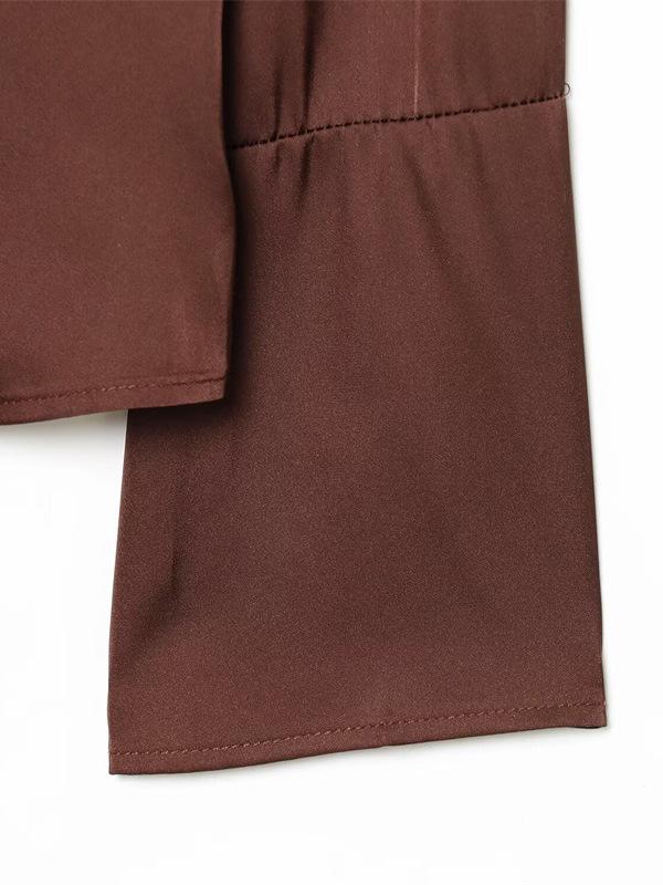 Kadınlar İçin Zarif Vintage Saten V Yaka Bağcıklı Uzun Kollu Üst