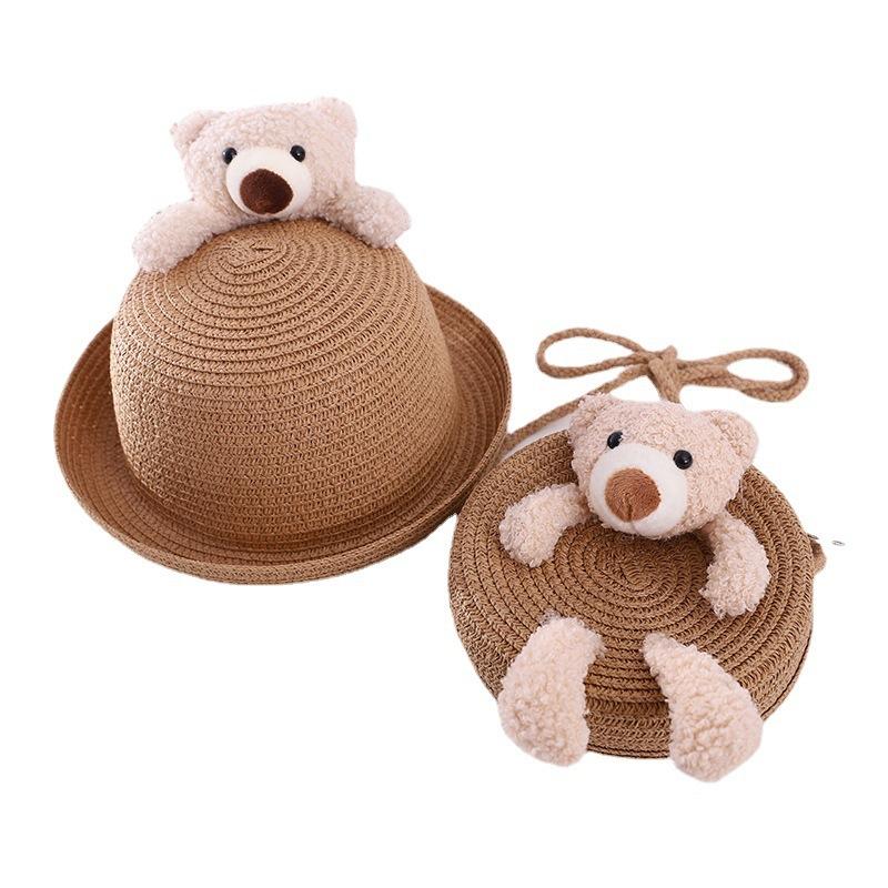 Summer Children Cute Bear Straw Hat Baby Travel Sun Hat Girl Princess Beach Bucket Hat