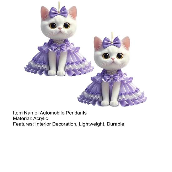 2Pcs Cute Cat Purple Pendant Car Rear View Mirror Charm Acrylic Cat Hanging Decorations for Auto Interior Window Bag