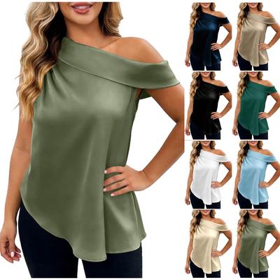 Modieuze Casual Plain Off-the-Shoulder Satin Mouwloze Asymmetrische Zoom T-shirt Top voor Dames