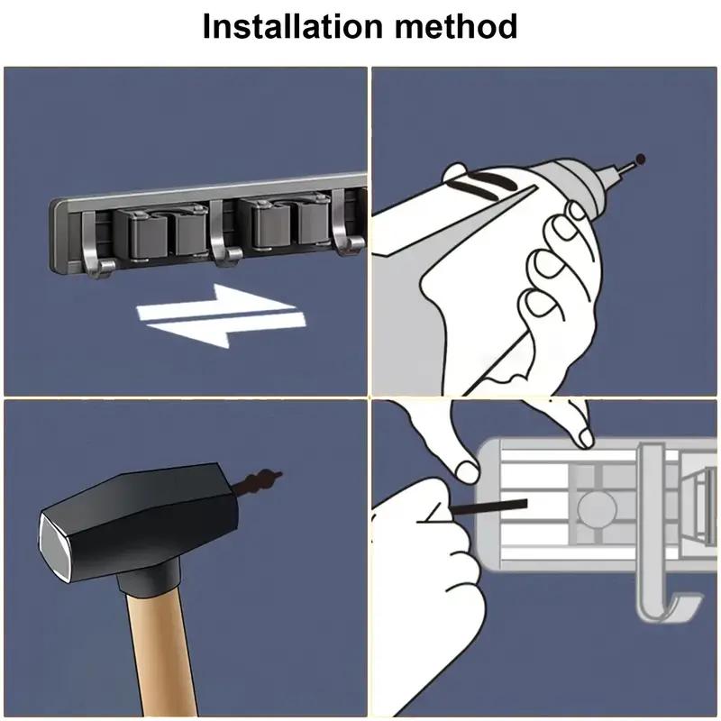 Bathroom Storage Rack Metal Mop & Broom Holder with Adjustable Hooks, Wall-Mounted Storage Organizer for Home, Space-Saving Shelf for Mops, Brooms