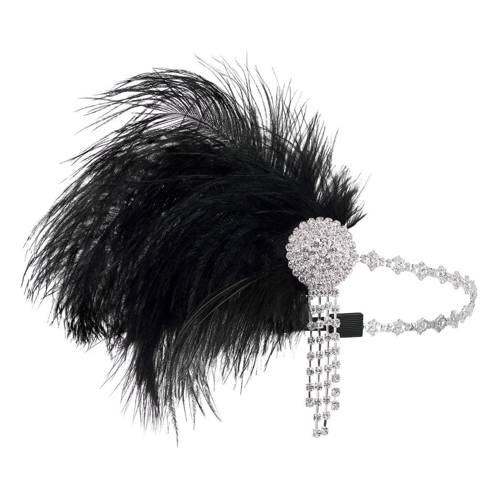 Roaring Twenties Gatsby Rhinestone Feather Headdress - White