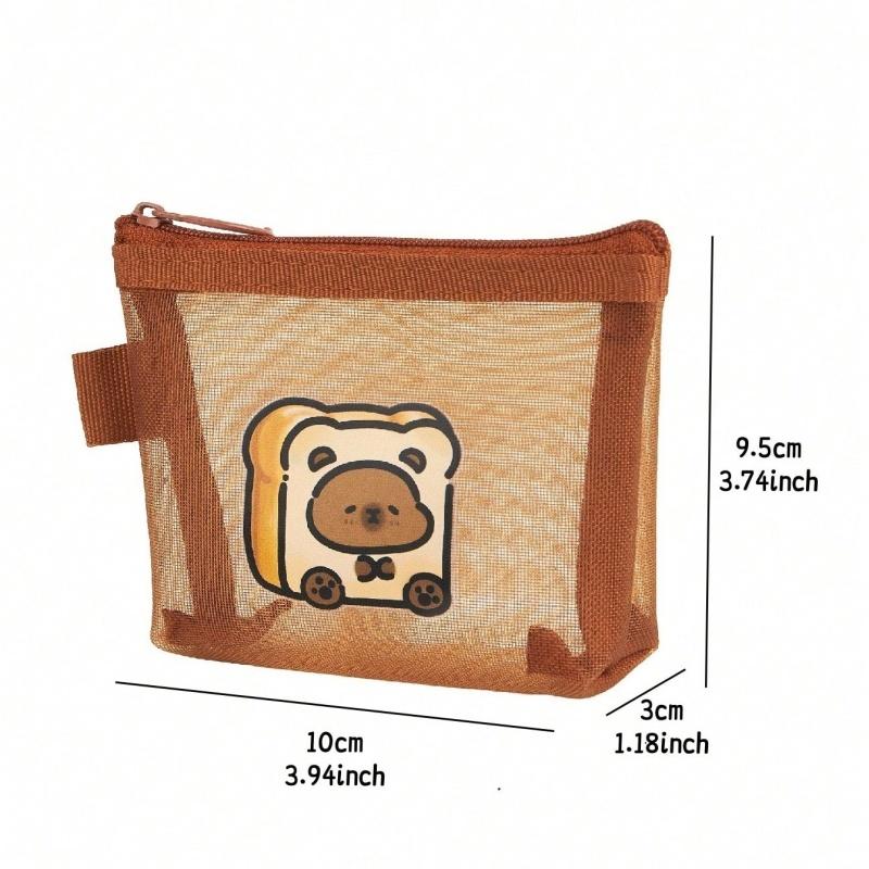 Mini Capybara Mesh Pencil Storage Bag Portable Transparent Pouch for Pens Erasers Cartoon Design Simple Pocket Organizer