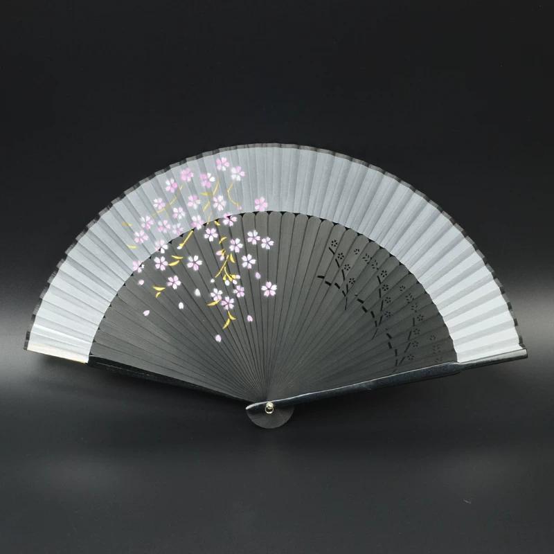 Mengyilian Chinese Style Cherry Blossom Fan Black Cheongsam Han Dynasty Archaic Folding Fan Dance Bamboo Foldable Japanese Style Chinese Folding Fan