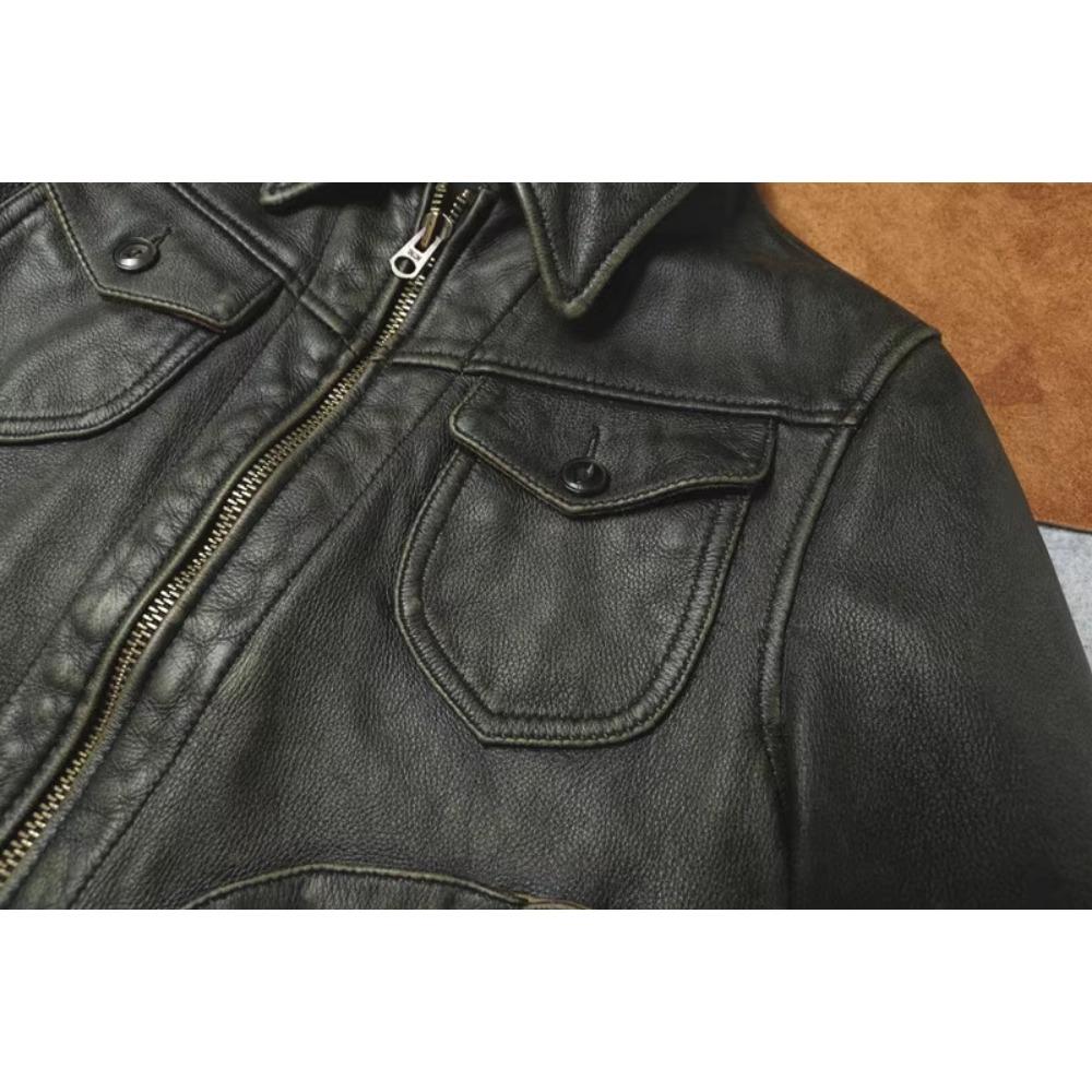 Chinese Size Vintage Olive Green Genuine Cowhide Men Leather Jacket Autumn Turn Down Collar Real Leather Coat