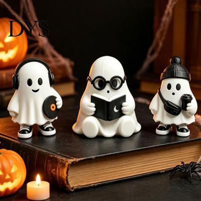 Modern Minimalist Home Accents Cute Halloween Ghost Figurine, Holding Coffee/Book/Record Resin Statue, Healing Aesthetic Statue Spooky Tabletop