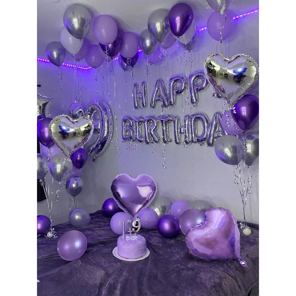 Purple and black birthday balloons, Happy Birthday party decorations, metallic silver latex balloons, heart-shaped balloons