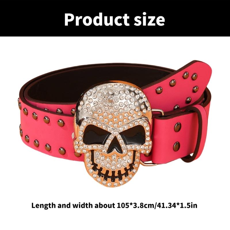 Rhinestones Skull Buckle Belt for Women Men with Rivet Studded Hiphop Belt for Jeans Popular Rockers Waist Accessories