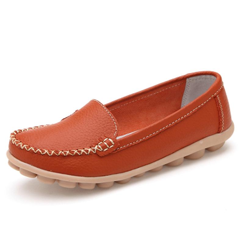 Shoes for Women Spring Large Size Genuine Leather Women's Shoes Round Toe Flat Casual Shoes for Women Non-slip Pregnant Women Bean Shoes for Women