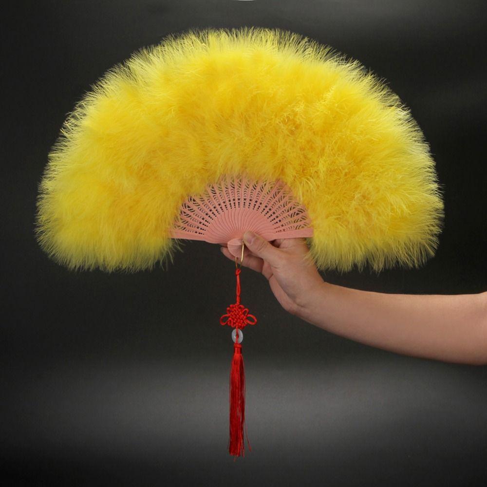 Chinese Handheld Feather Fan Traditional with Tassels Wedding Folding Fan Elegant Colorful Show Dance Fan
