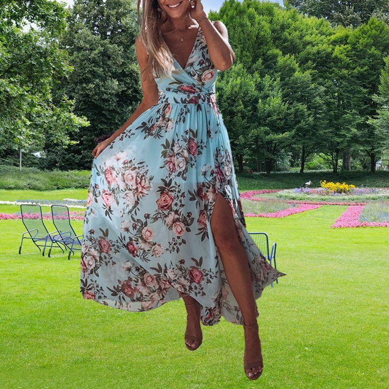 Amazon Foreign Trade European and American Women's Clothing 2024 Spring and Summer Fashion V-Neck Sleeveless Printed Dress with Tie and Slit