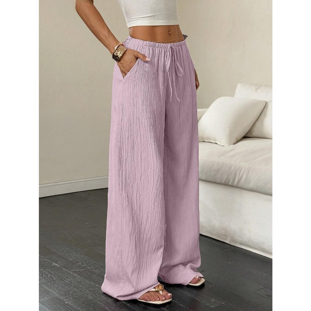 New Women's Casual Solid Color Textured Fabric Knotted Waist Slanted Pocket Wide Leg Pants