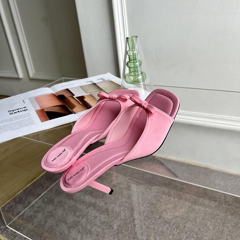 

Fashion Slippers Female Summer Outerwear Black Bow 2025 Satin Fish Mouth Open-Toe Line Sandals Stiletto Heels 35 розовый