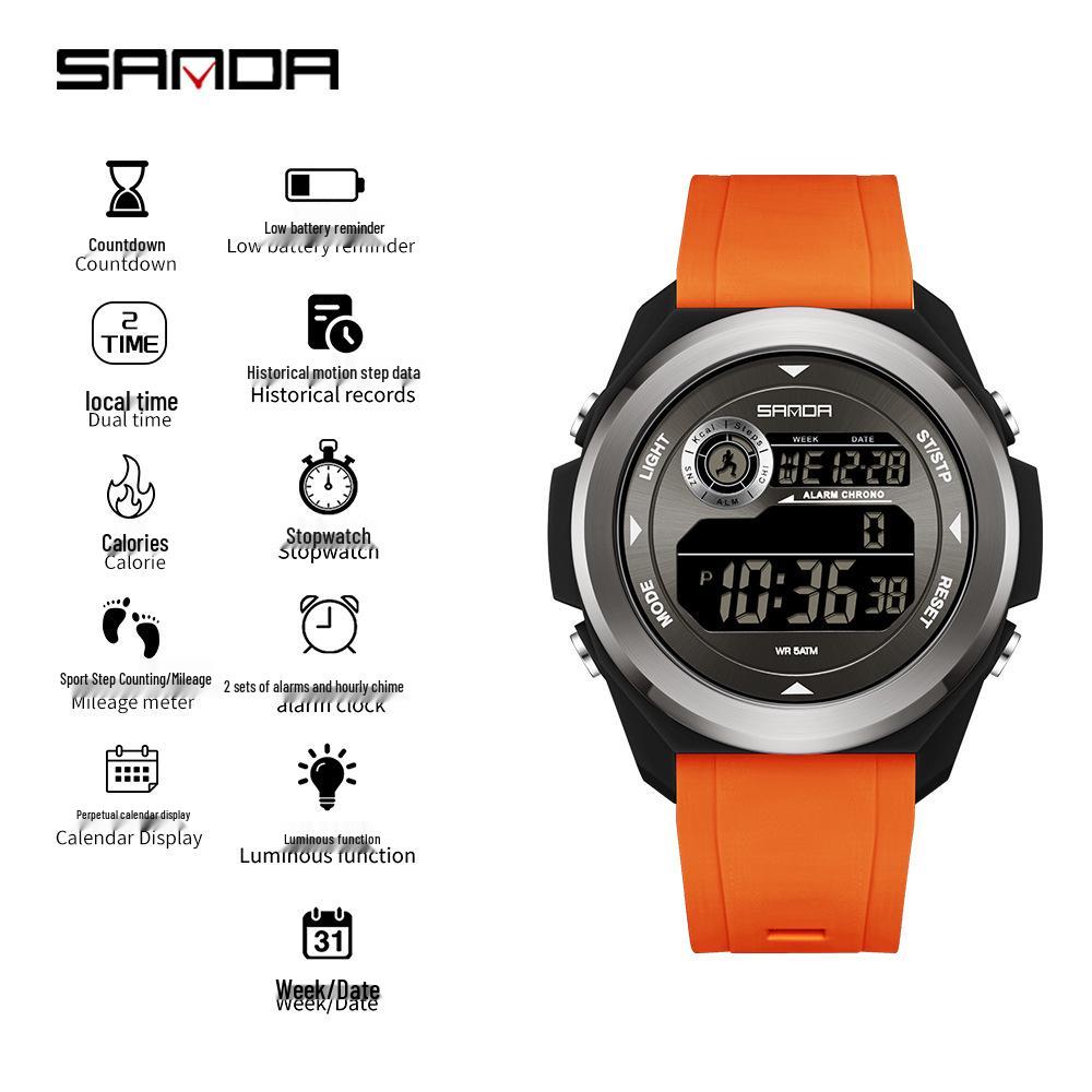 SANDA Unisex Sports Watch: Perpetual Calendar, Alarm, Dual Time Zones, Pedometer.