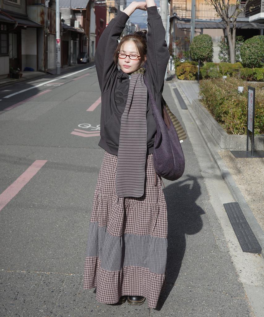 Natsu Check Long Tiered Skirt, Brown