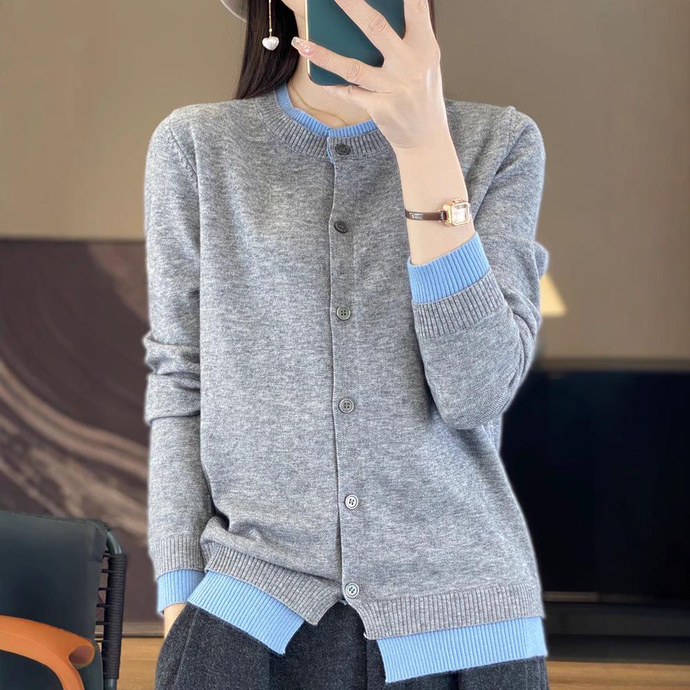 

Spring & Autumn Color Block Layered Knit Cardigan - Fashionable Round Neck Casual Top L for 110-125 jin