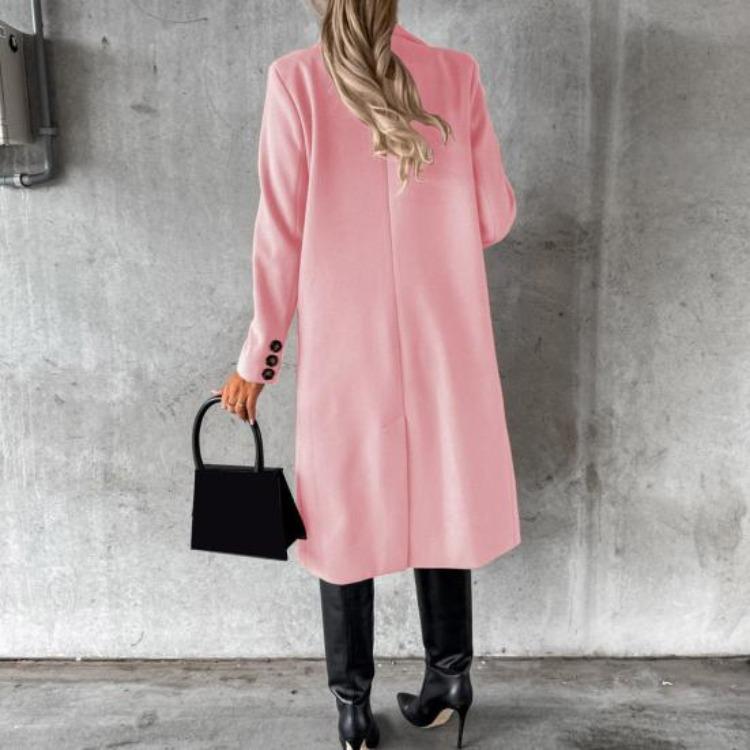 Women Thermal Woolen Overcoat Mid Length Double Breasted Turn Down Collar Solid Color Long Sleeved Jacket for Commuting Dating Spring Fall and Winter