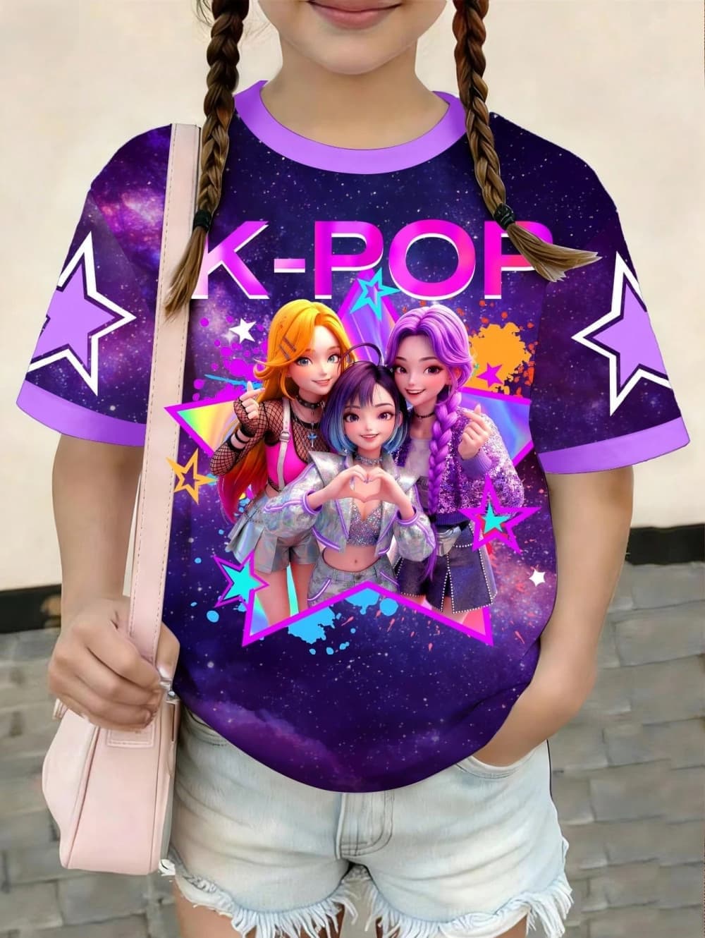 Korean-style cartoon pattern girls  T-shirt, casual round neck, suitable for girls, short-sleeved top. 100