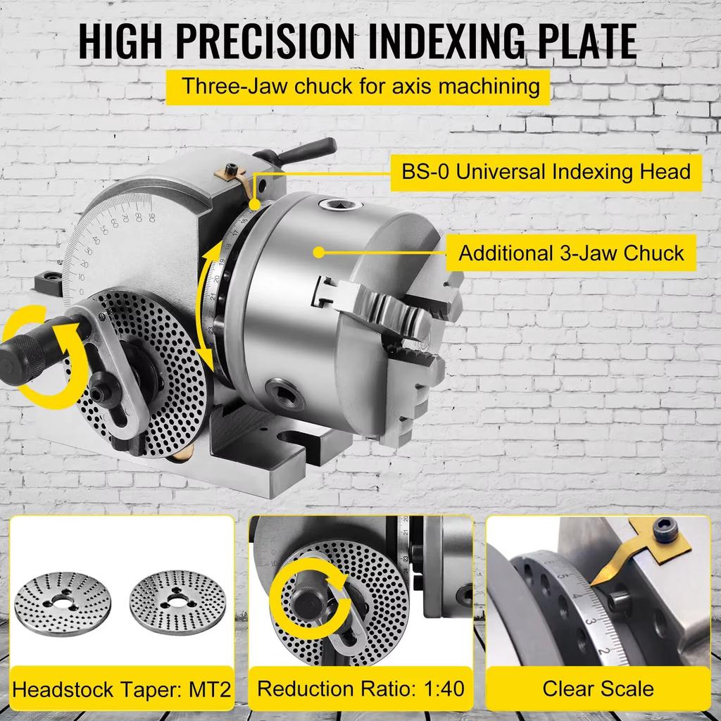 Dividing Head Precision Universal BS-4in/5in/6in 3-Jaw Indexing Head Tailstock & Chuck for Drilling Milling Grinding