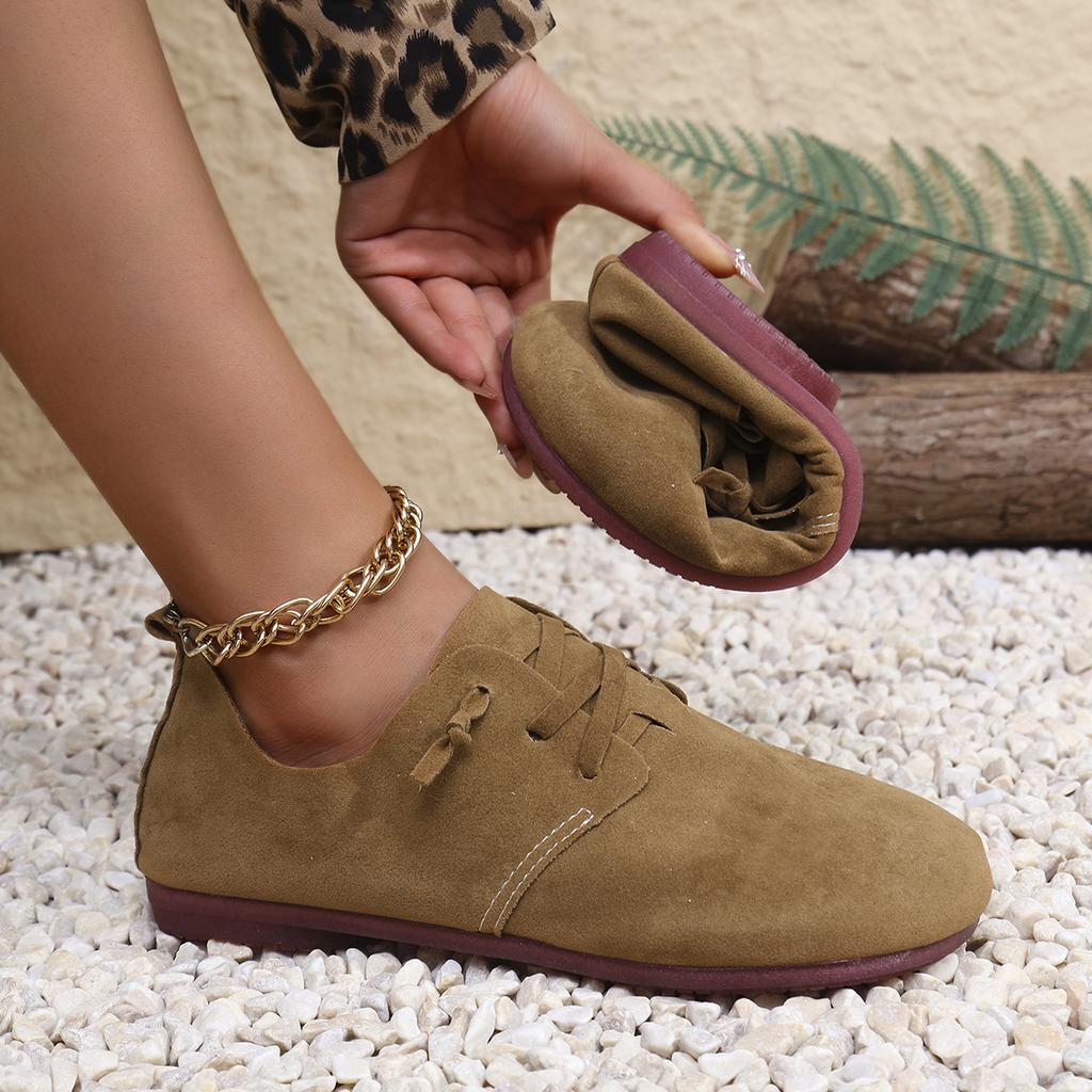 Fashion 2025 Spring/autumn New Women's Shoes Fashionable Round Toe Suede Flat Shoes Lightweight Shoelace Casual Sneakers Large Size 43
