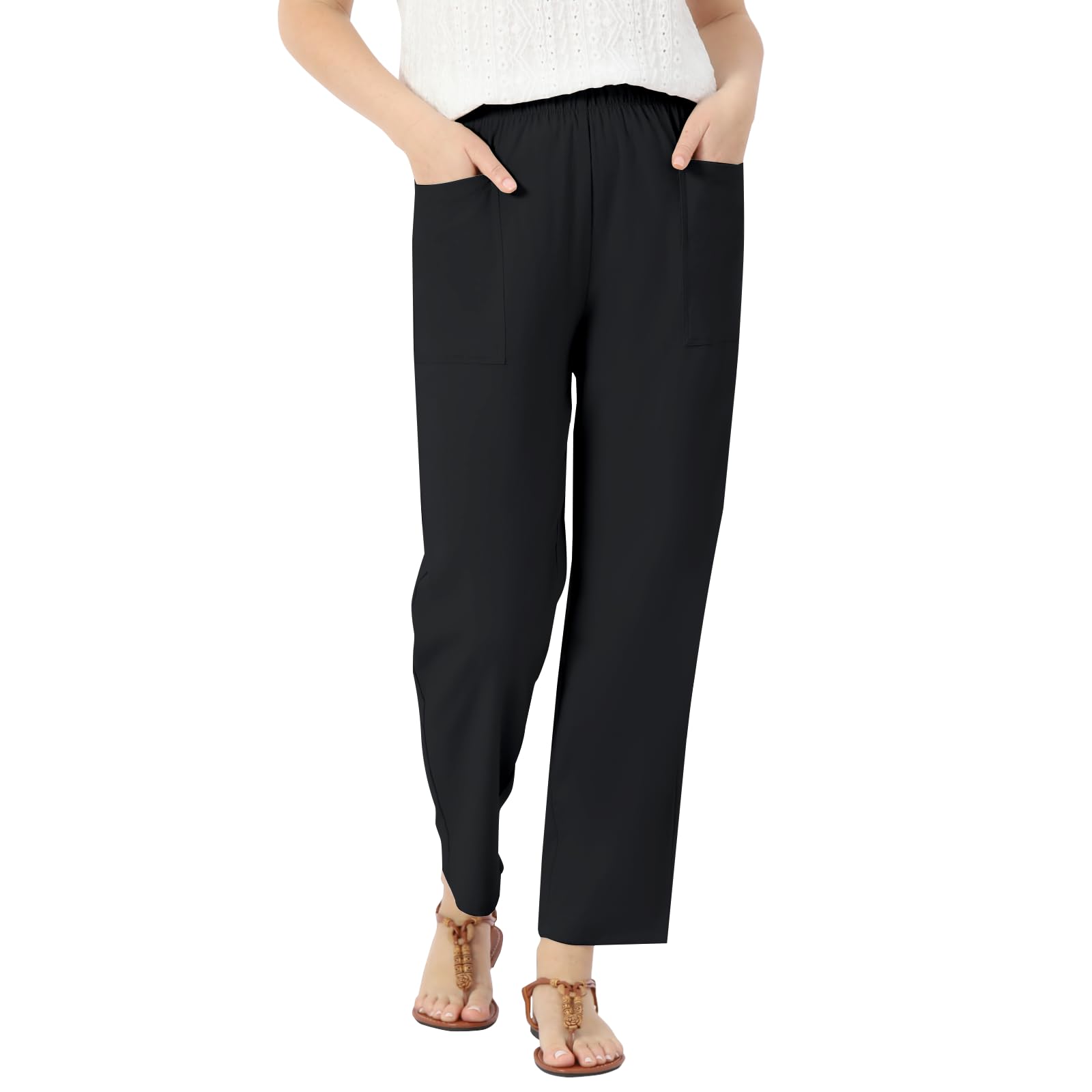 Women s Casual Fashion Cotton-Linen Blend Pants With Side Pockets L чёрный