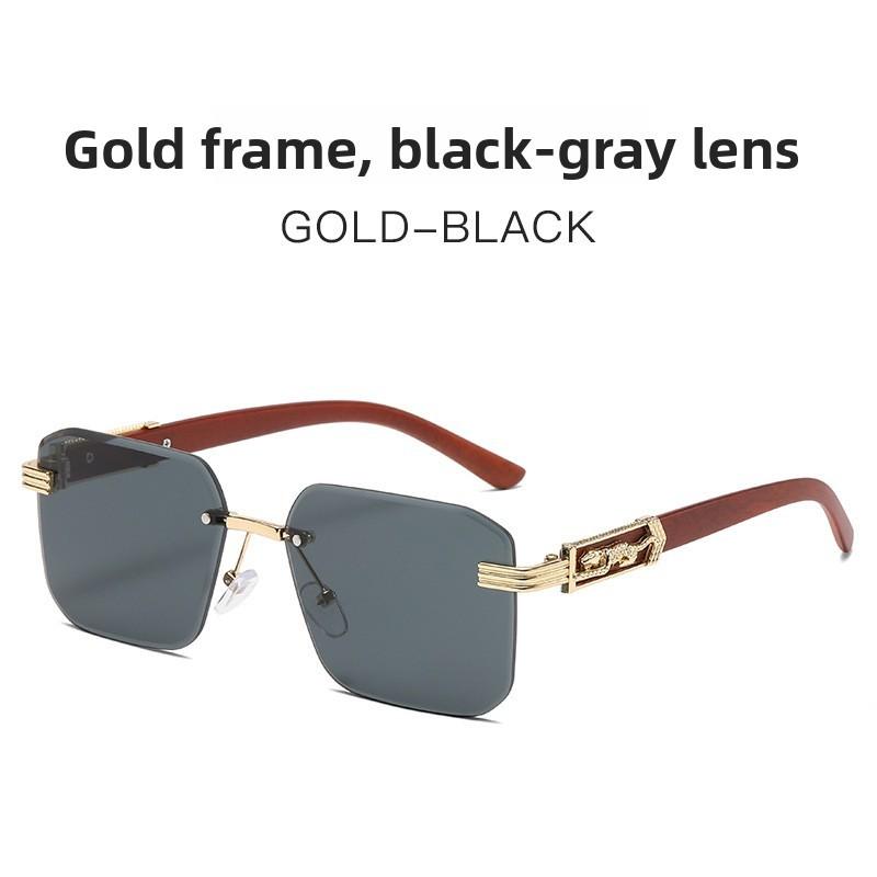 Leopard Theme Minimalist Metal Frame Square Sunglasses With Gray Lenses For Travel And Parties