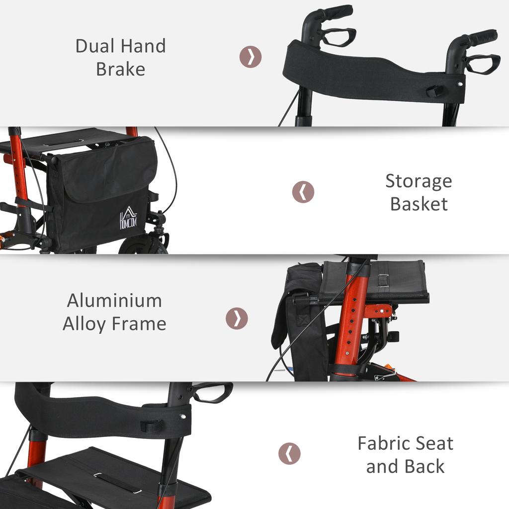 Lightweight Walking Frame, Rubber Wheels, Rollator Walker with Seat and Wheels with Adjustable Handle, Bag, Red