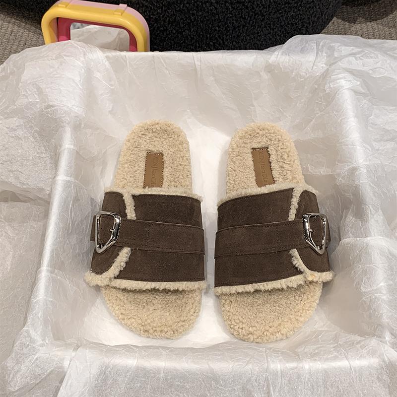 

Fashion Autumn and Winter One Word Buckle Thick Bottom Wear Casual and Fluffy Warm Rabbit Hair Fluffy Slippers Women 2024 New 35 коричневый