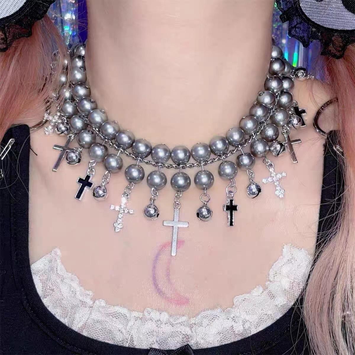 

Exaggerated Temperament Double-layer Grey Beaded Choker Cross Bell Tassel Pendant Necklace for Women Men Y2k Halloween Jewelry сірий
