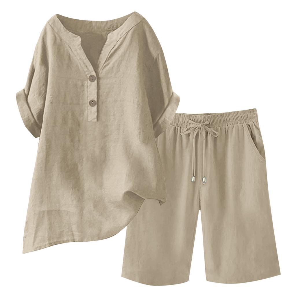 European and American Summer Loose Women's Cotton and Linen V-neck Short-sleeved + Drawstring Pocket Shorts Suit
