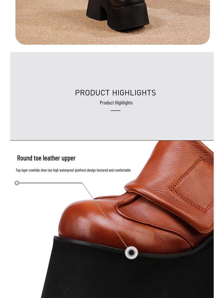 Women's Genuine Leather Platform Shoes 2025: Autumn/Winter Pure Cowhide Petite Height-Increasing Hook & Loop Single Shoes