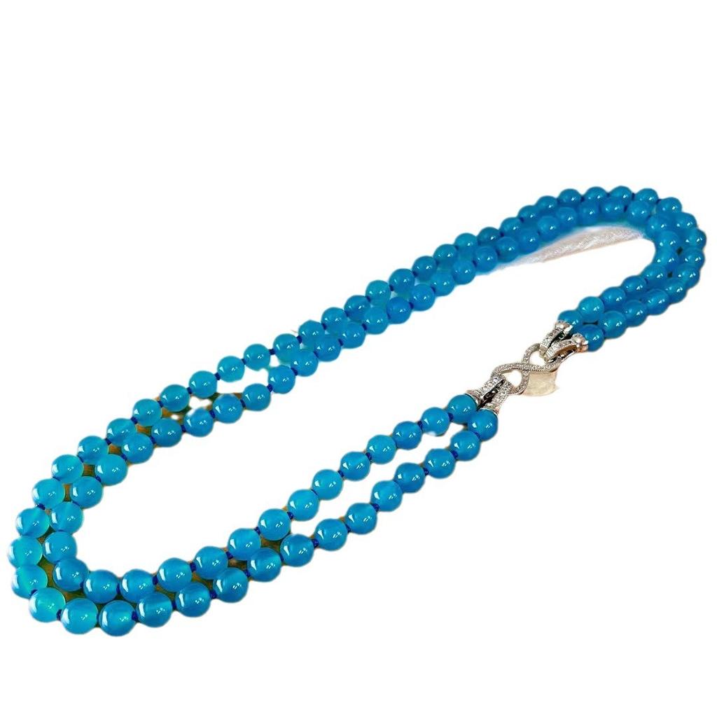 Retro 8Mm Natural Blue Chalcedony Double-Layer Agate Necklace, Sweater Chain, Quality Knotted