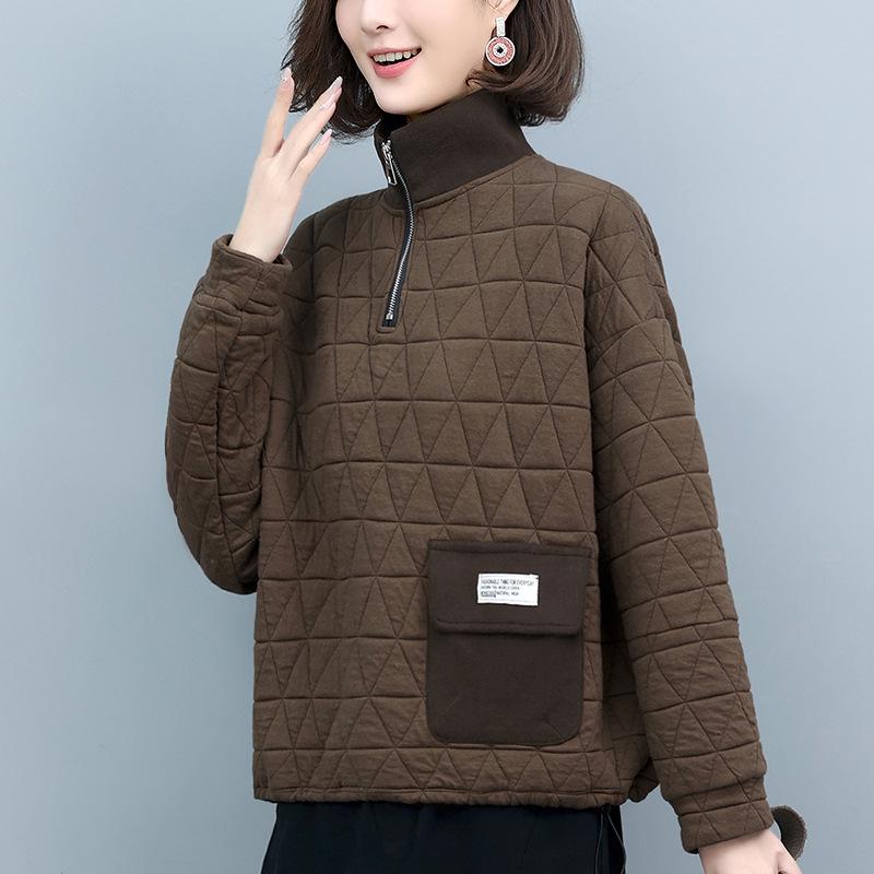 

Women s Quilted High Neck Zipper Pullover Sweater - 2024 Autumn/Winter Collection, Petite Fit, No Hood XXL (135-148 jin) темно-зелений колір