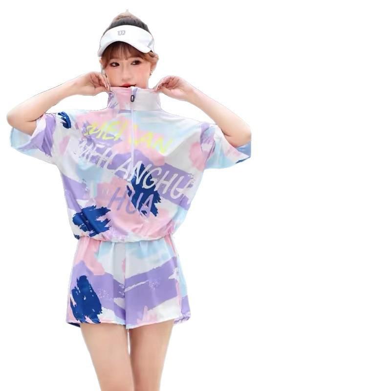 Tengchuang Badeanzug Damen Geteilter Boxer Sport Drei-teilig Kurzarm Sonnenschutz Mädchen Bauchbedeckend Schlankmachende Bluse Konservativ Schnelltrocknend