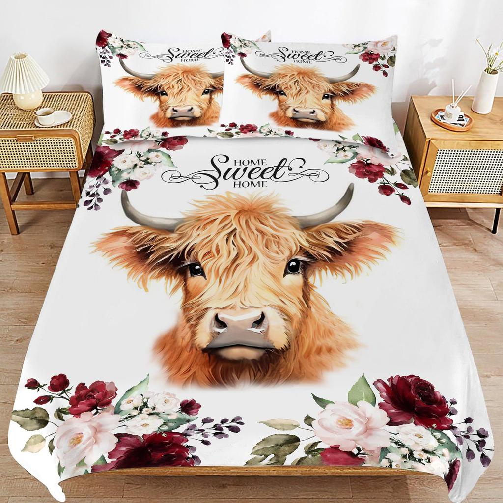 Highland Cattle Three-piece Quilt Cover 3D Digital Printing Bedding Set Farmhouse Bed Cover
