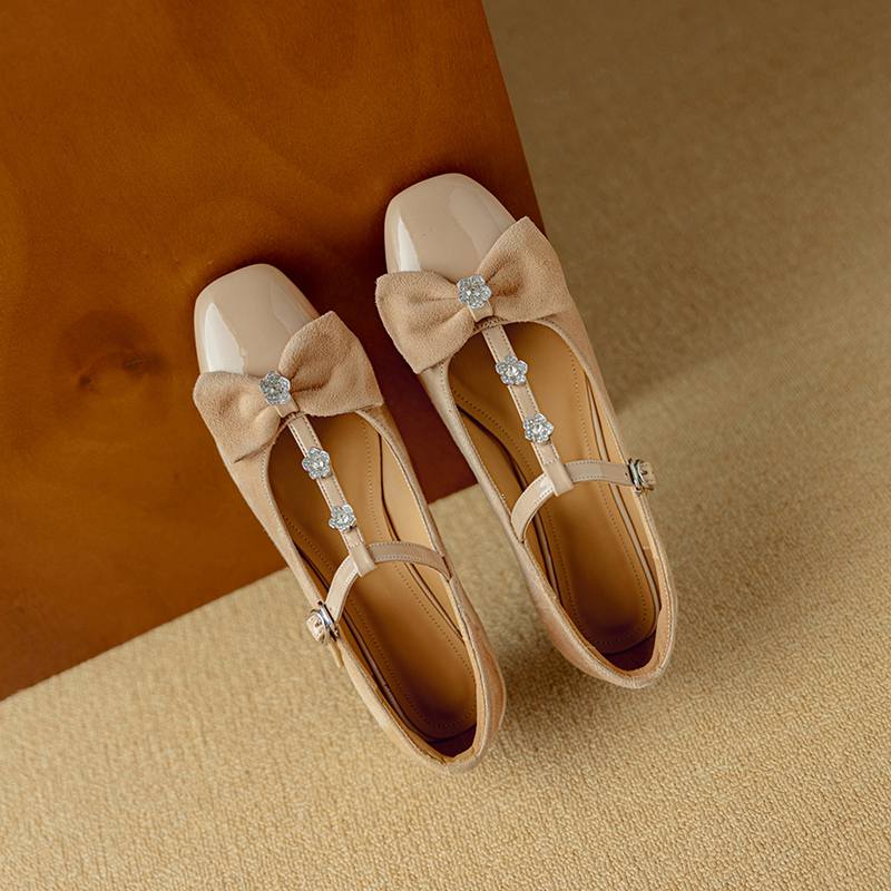 Krazing Pot Sheepskin Summer Size 40 Crystal Low Heels Butterfly-knot Rhinestone Flowers Square Toe Elegant Sweety Pumps