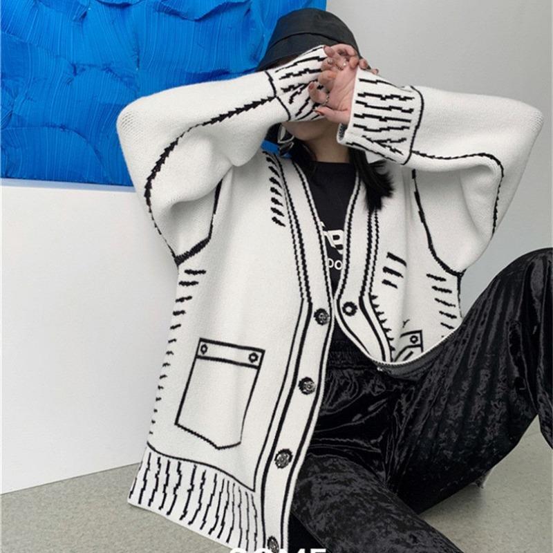 Graffiti Casual Knitted Sweater Cardigan Women New Autumn and Winter Long Sleeve Loose Women's Cardigans Jacket V Neck Vintage Pockets Sweaters 25290