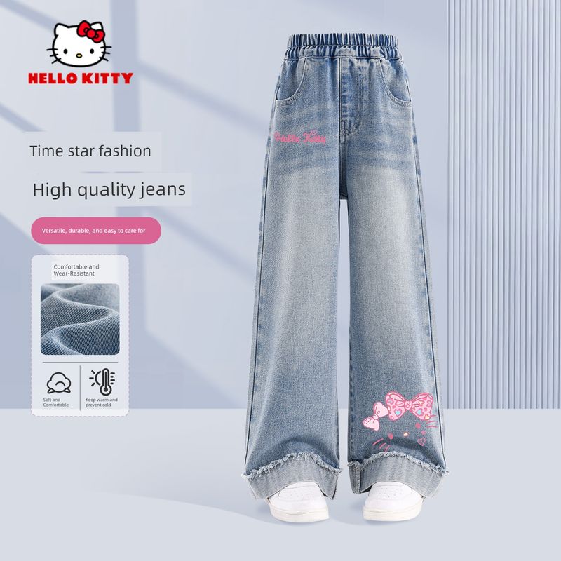 Hello Kitty Girls' Jeans Spring and Autumn 2026 New Children's Thin Pants Girls' Spring Long Pants
