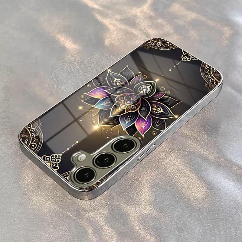 Mandala Lotus Pattern Electroplate Silver Phone Case For Samsung Galaxy S26 S25 S24 S23 Ultra Plus FE Tempered Glass Cover