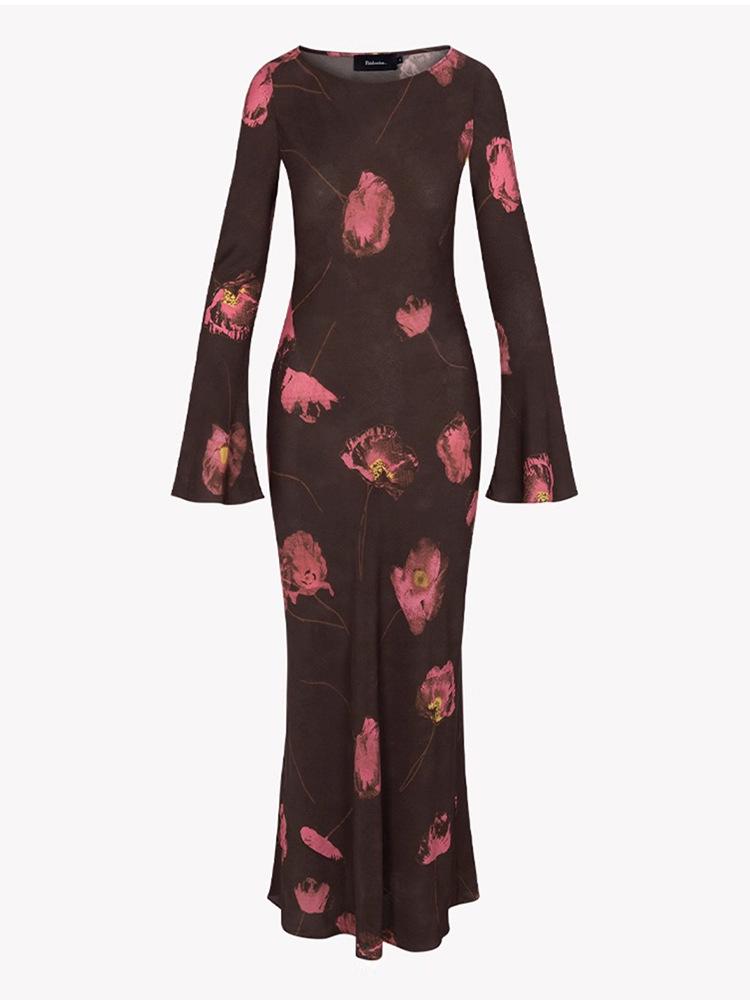 2025 French Retro Silk Long Dress with Bell Sleeves & Boat Neck