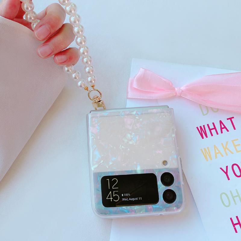 Glitter Colorful Dreamy Conch Shell Pattern Phone Case For Samsung Galaxy Z Flip 3 5g Cute Pearl Bracelet Hand Chain Cover
