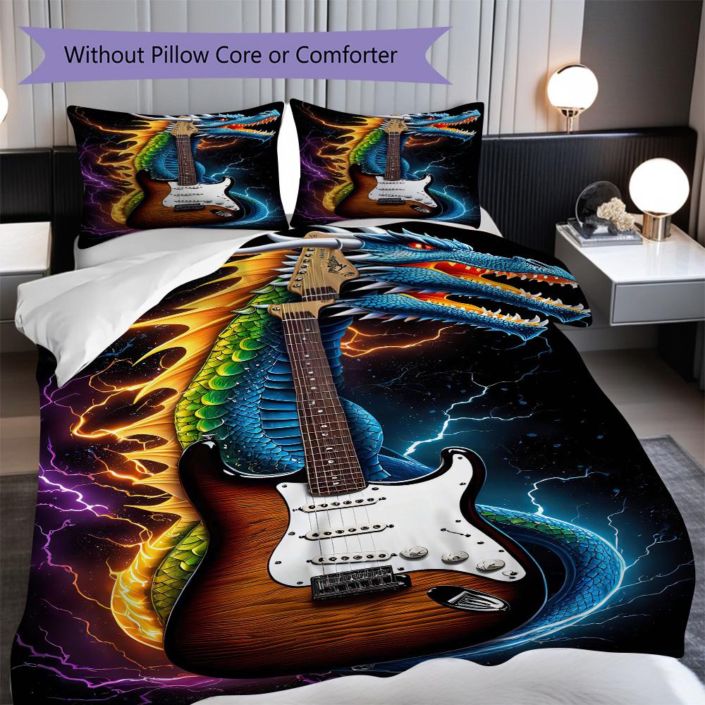 1PC Music, guitar Theme Bedding Quilt Set Quilt Cover Pillowcase Home Decoration Birthday Gift (1 * duvet cover + 2* pillowcase, without core)