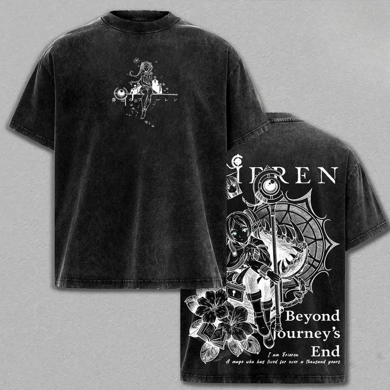 Frieren Beyond Journey's End Printed Tee Men Women Washed Cotton T-shirts Manga Vintage T Shirt Harajuku Short Sleeve Tshirt