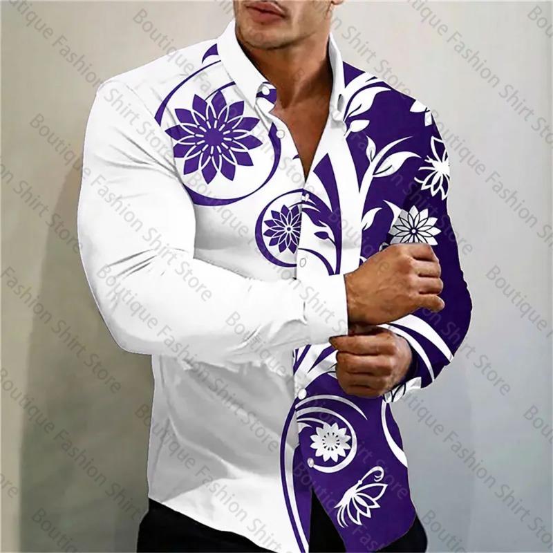 2024 New Multi-color Flower Printed Fashion Shirt, for Social Gatherings, Men's Lapel Long-sleeved Shirts Increase XS-6XL